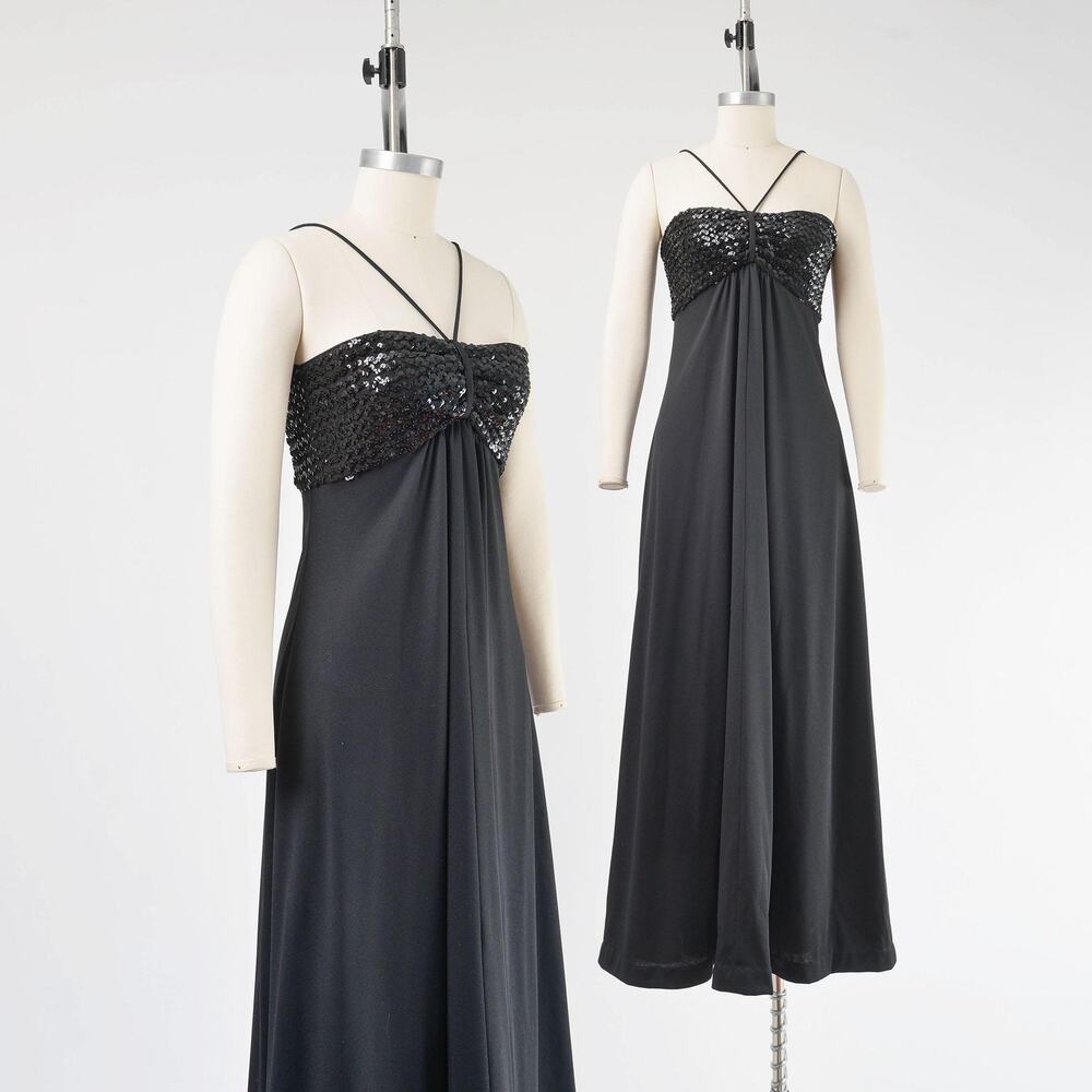 Vintage 70s Black Sequin Empire Waist Disco Evening Maxi Dress XS